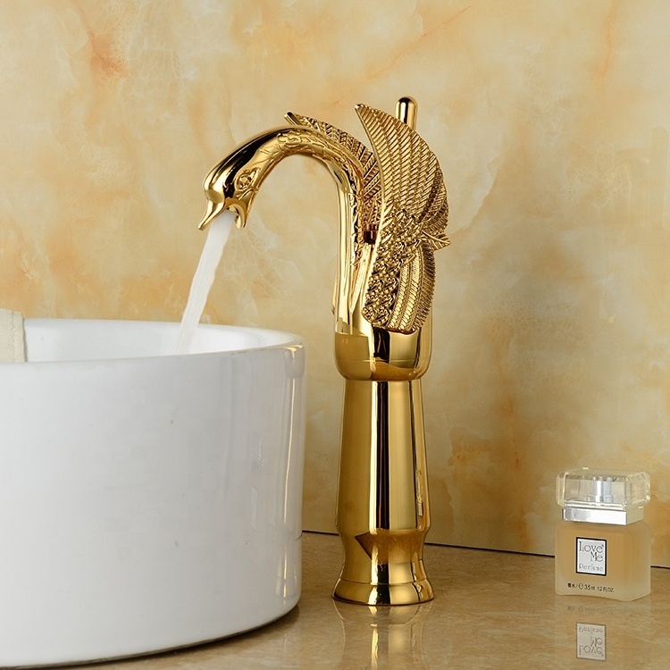 Royal single hole animal shape brass luxury gold swan taps faucet tall