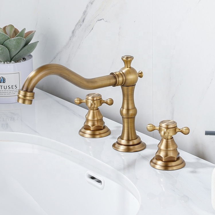 Amazon Popular 8 inch 3 Holes Widespread Bathroom Sink Faucet Antique Brass Bathroom Vanity Faucet Basin Mixer Tap Faucet