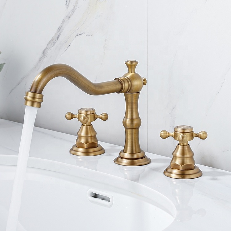 Amazon Popular 8 inch 3 Holes Widespread Bathroom Sink Faucet Antique Brass Bathroom Vanity Faucet Basin Mixer Tap Faucet