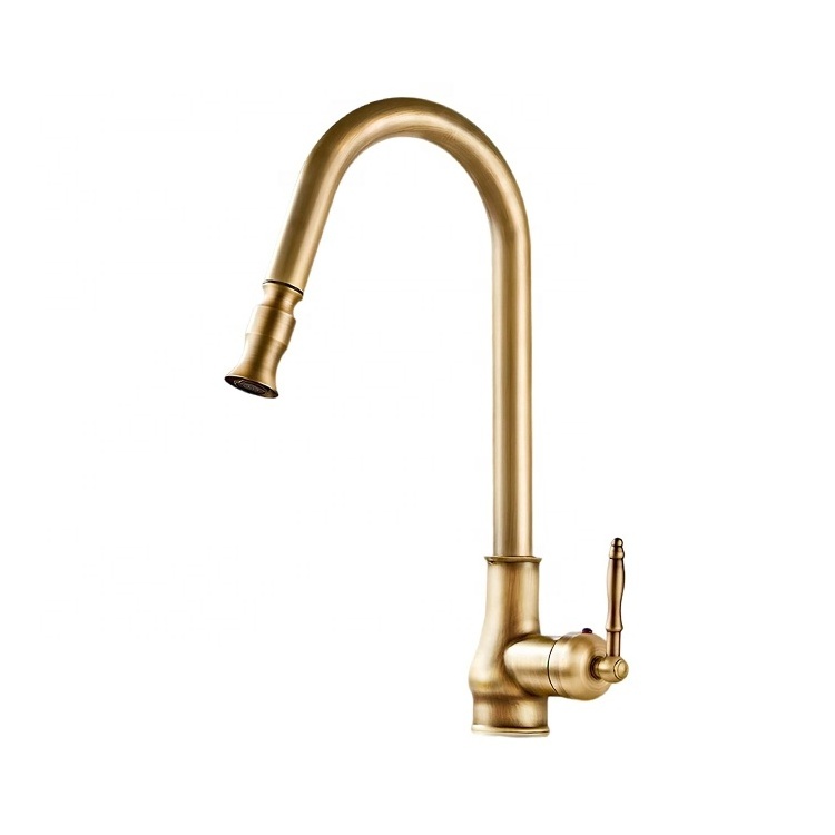 European Style Single Handle Kitchen Faucet,Antique Copper One Hole Pull Down Brass Faucet with Cold Hot Mixer Hoses