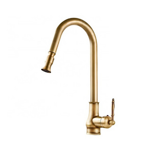 European Style Single Handle Kitchen Faucet,Antique Copper One Hole Pull Down Brass Faucet with Cold Hot Mixer Hoses