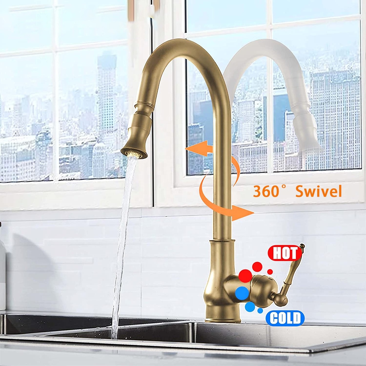 European Style Single Handle Kitchen Faucet,Antique Copper One Hole Pull Down Brass Faucet with Cold Hot Mixer Hoses