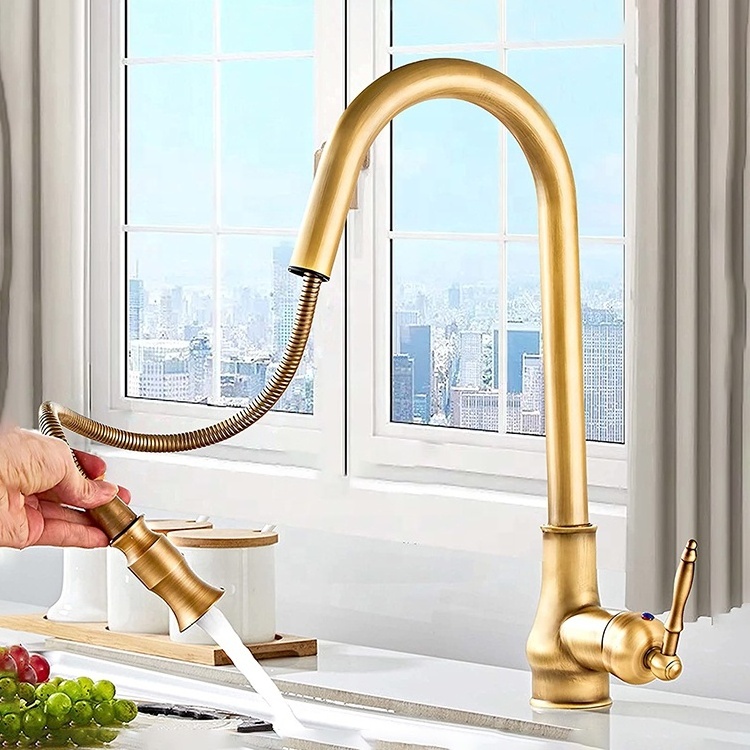 European Style Single Handle Kitchen Faucet,Antique Copper One Hole Pull Down Brass Faucet with Cold Hot Mixer Hoses