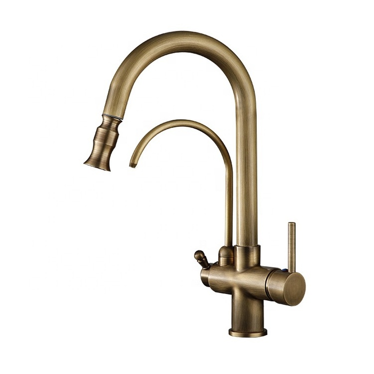 Retro Kitchen Taps 3 Way Pull Down Antique Brass Kitchen Faucet with Water Filter Purifier