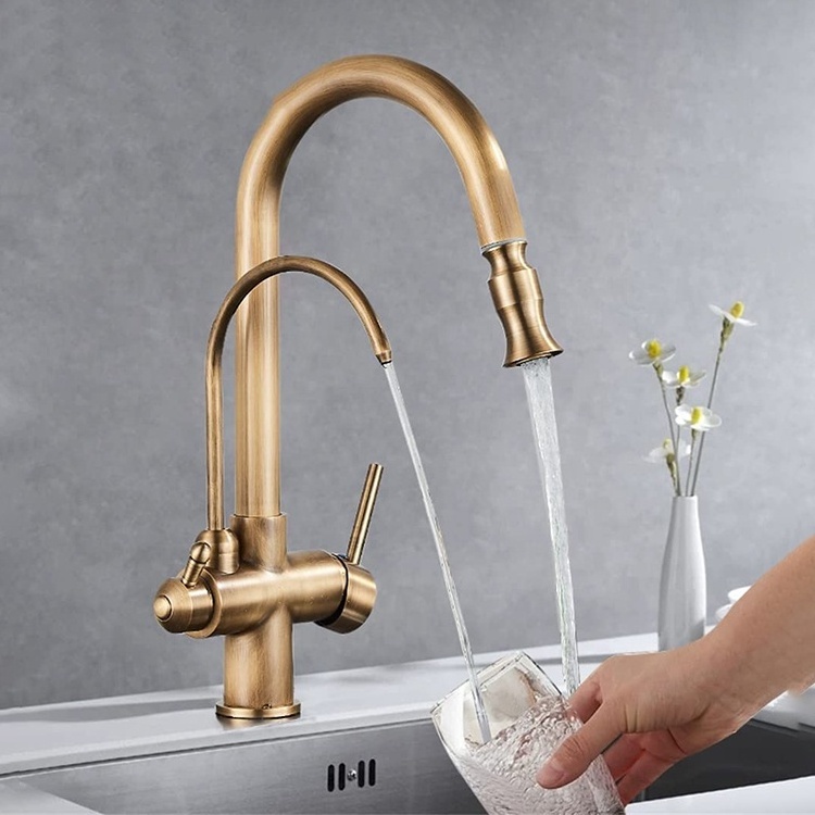 Retro Kitchen Taps 3 Way Pull Down Antique Brass Kitchen Faucet with Water Filter Purifier