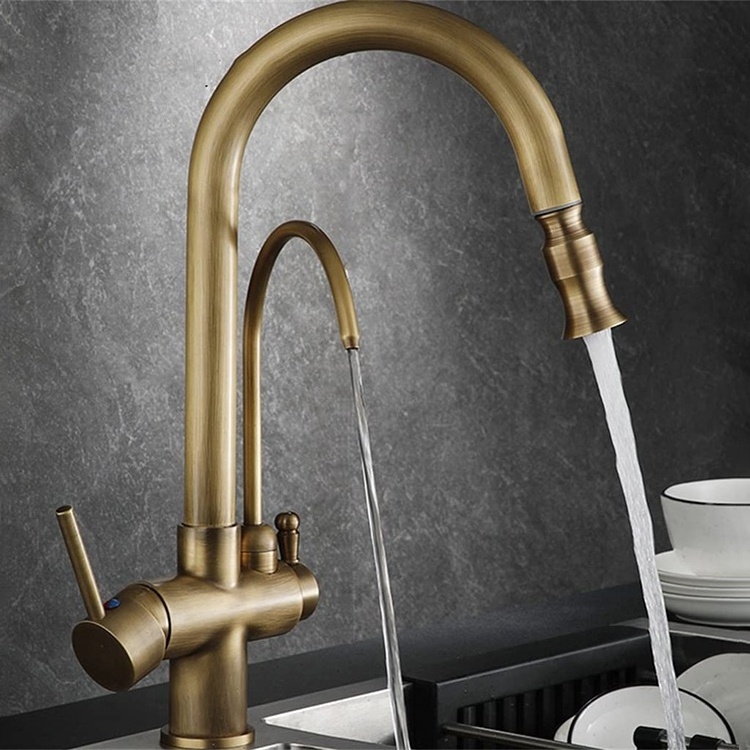 Retro Kitchen Taps 3 Way Pull Down Antique Brass Kitchen Faucet with Water Filter Purifier