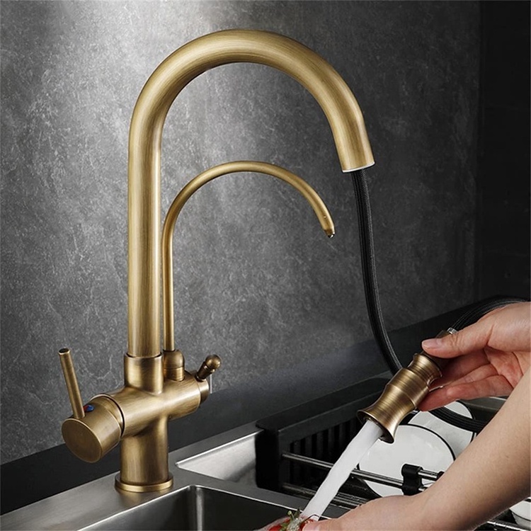 Retro Kitchen Taps 3 Way Pull Down Antique Brass Kitchen Faucet with Water Filter Purifier