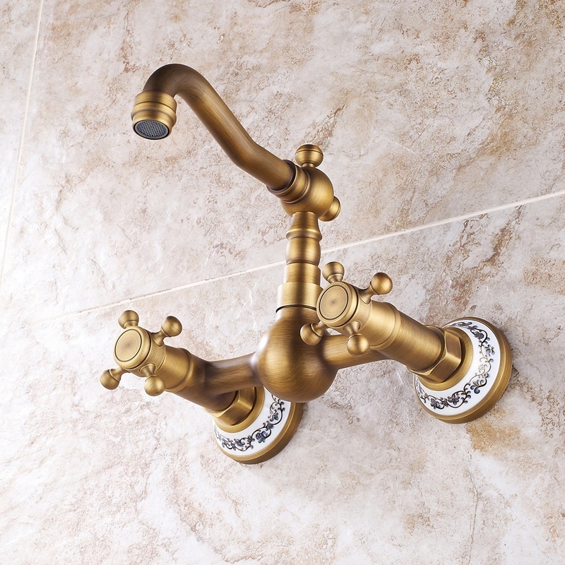 High Quality Dual Handle Antique Brass Wall Mounted Kitchen Faucet With blue and white porcelain