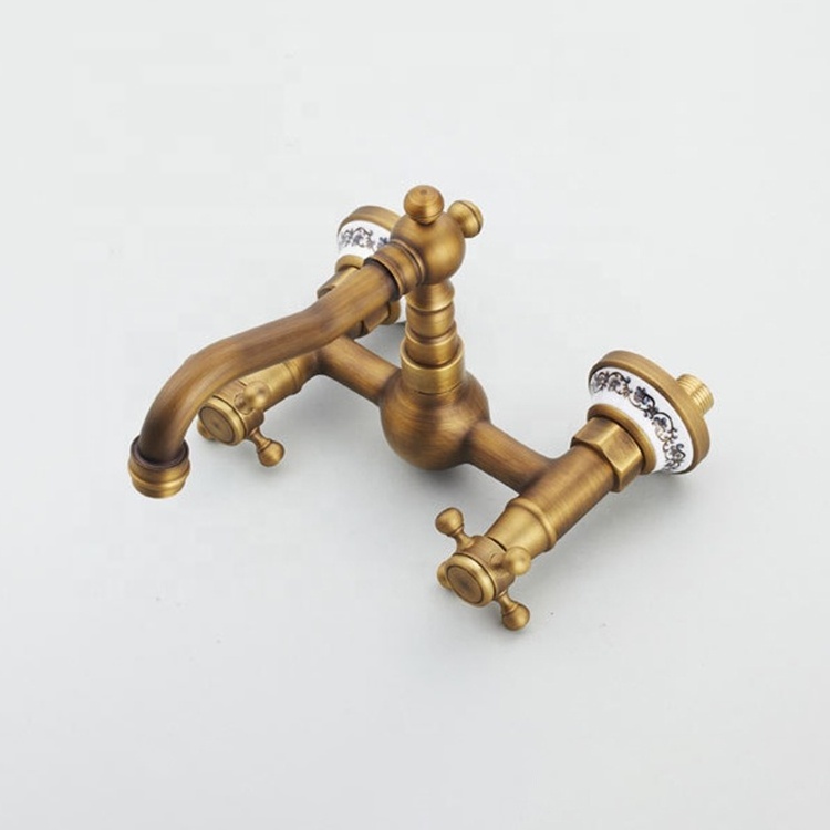 High Quality Dual Handle Antique Brass Wall Mounted Kitchen Faucet With blue and white porcelain