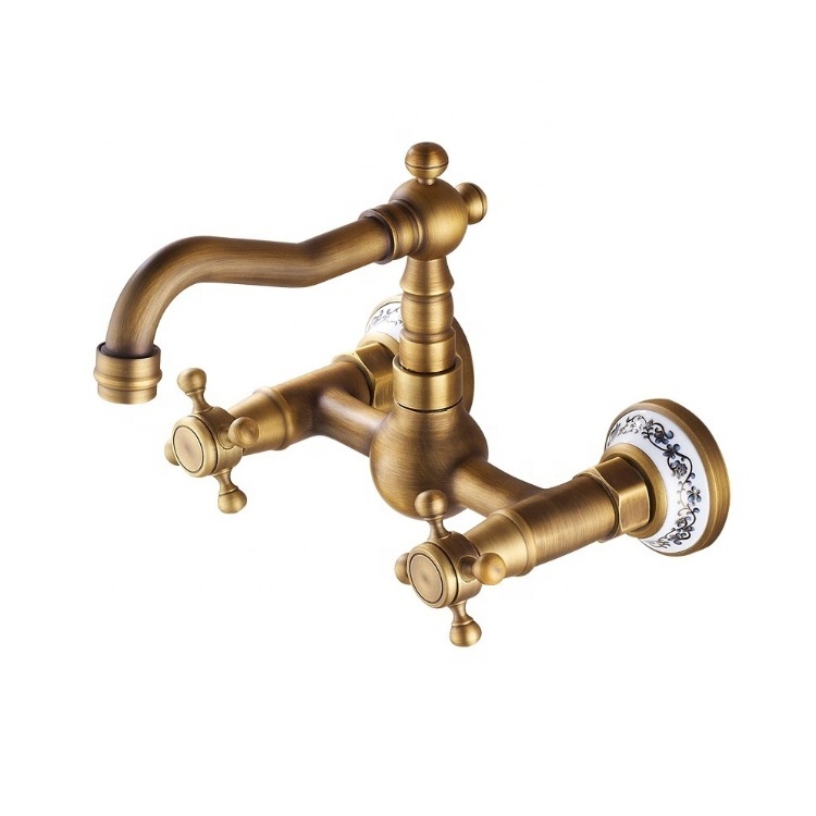 High Quality Dual Handle Antique Brass Wall Mounted Kitchen Faucet With blue and white porcelain