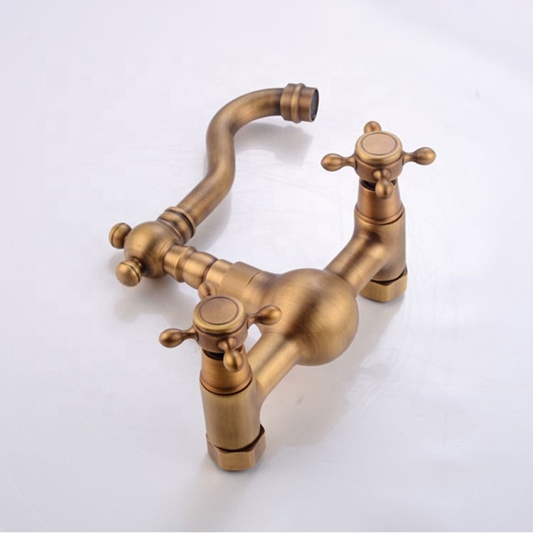 High Quality Dual Handle Antique Brass Wall Mounted Kitchen Faucet With blue and white porcelain