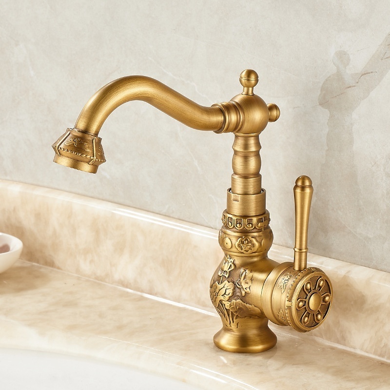 Brass basin mixer tap retro single hole 360 rotatable traditional antique bronze bathroom sink faucet