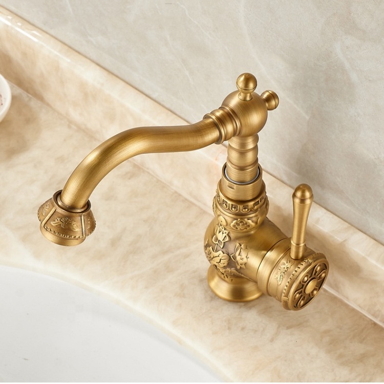 Brass basin mixer tap retro single hole 360 rotatable traditional antique bronze bathroom sink faucet