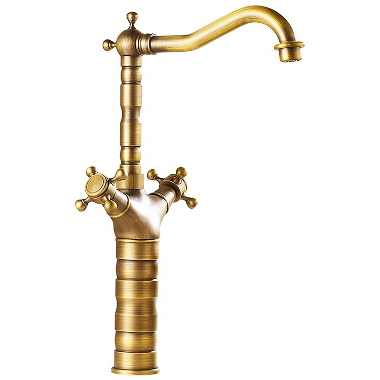 Tall Antique Brass Bathroom Faucet Deck Mounted Classic Kitchen Tap With Dual Cross Handle