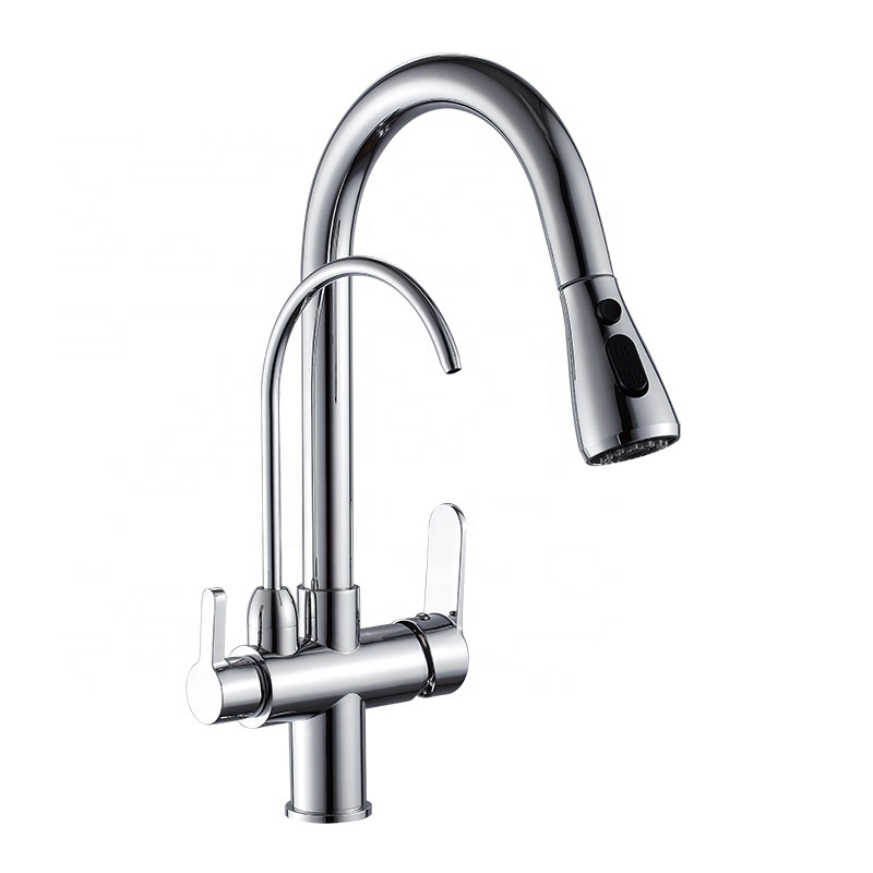 Wholesale 2 Handles 3 in 1 modern Pull Down sprayer sink faucet kitchen tap with purified water