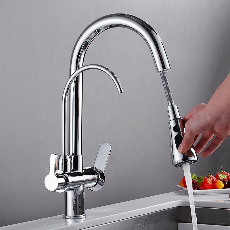 Wholesale 2 Handles 3 in 1 modern Pull Down sprayer sink faucet kitchen tap with purified water