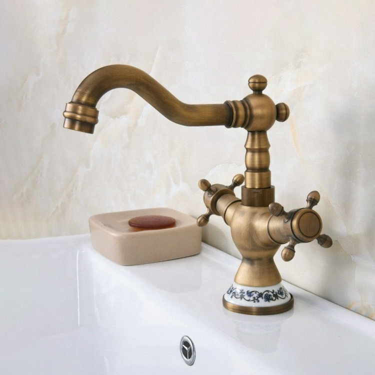 Vintage Retro Brass Swivel Spout Sink Faucet Bathroom Basin Taps with Dual Handle