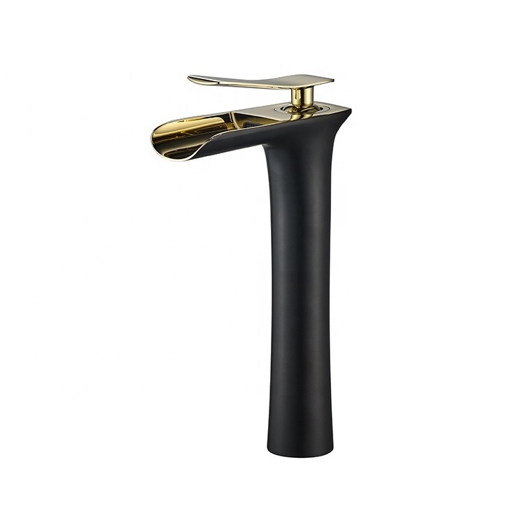 Tall gold bathroom black basin faucet with waterfall spout