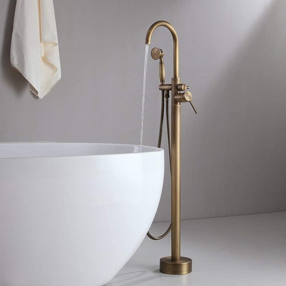 Freestanding Bathtub Faucet Antique Brass Tub Filler Floor Mount Single Handle Bathroom Faucet with Hand Shower