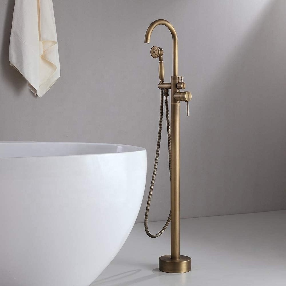 Freestanding Bathtub Faucet Antique Brass Tub Filler Floor Mount Single Handle Bathroom Faucet with Hand Shower