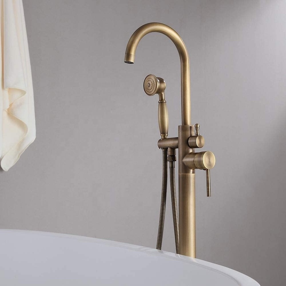 Freestanding Bathtub Faucet Antique Brass Tub Filler Floor Mount Single Handle Bathroom Faucet with Hand Shower