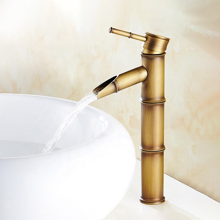 Single lever deck mounted tall antique brass bamboo water mixer faucet