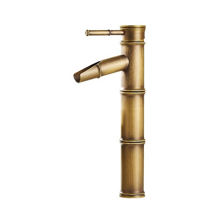 Single lever deck mounted tall antique brass bamboo water mixer faucet