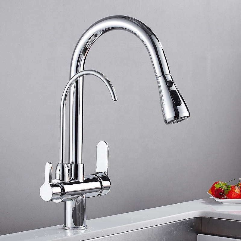 Wholesale 2 Handles 3 in 1 modern Pull Down sprayer sink faucet kitchen tap with purified water