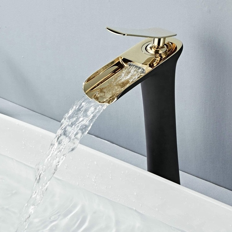 Tall gold bathroom black basin faucet with waterfall spout