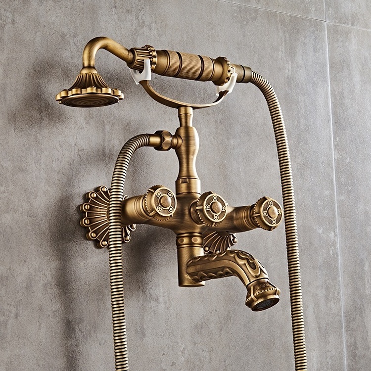 Antique Brass Wall Mounted ClawFoot Bath Tub Faucet With Handheld Shower