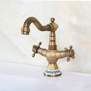 Vintage Retro Brass Swivel Spout Sink Faucet Bathroom Basin Taps with Dual Handle