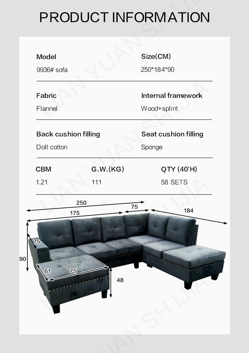 Commercial Furniture Hotel Apartment Living Room Office L-Shaped Sectional Sofa with Storage Ottoman Velvet Cloth Fabric Sofa