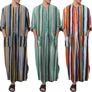 YG336 Thobe with Pockets Arab Muslim Thobe for Men Islamic Clothing Stripe Long Sleeve Robe