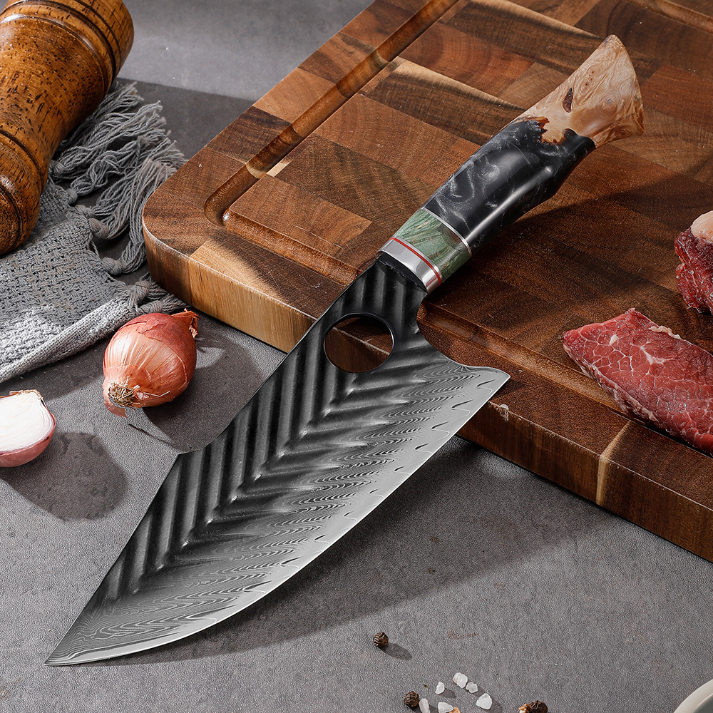 6.8 Inch Resin & Wood Handle 67 Layers Alloy Steel 10Cr15CoMoV Cutting Core Damascus Butcher Knife with Leather Sheath