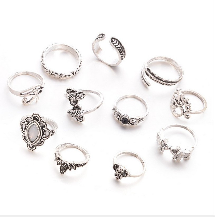 11 Pcs Boho/hippie Rings Set Geometric Rings Shiny Antiques Finger Ring For Women's Fashion Crystal Personality Jewelry