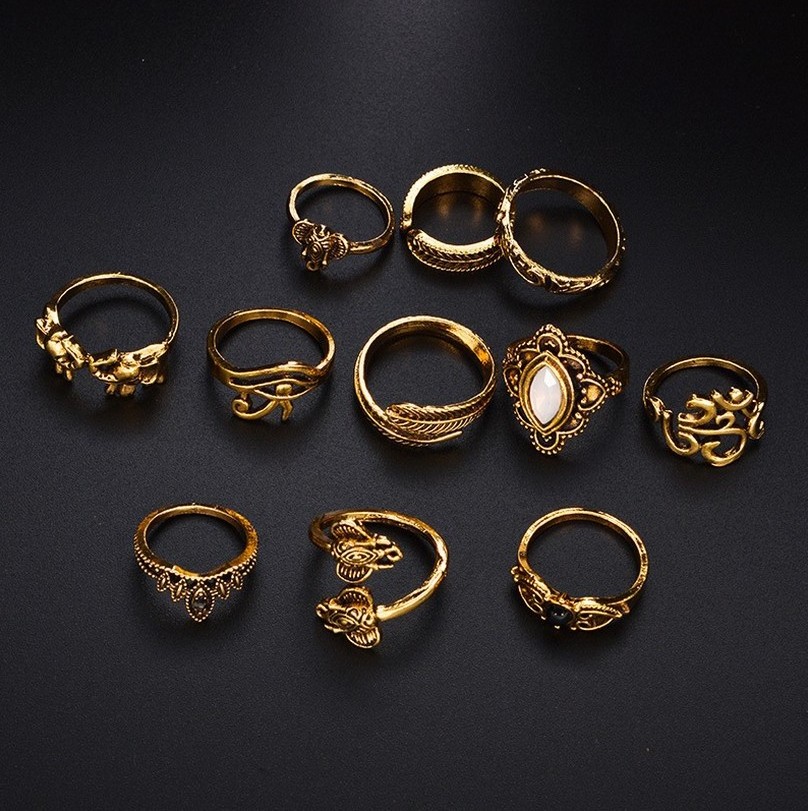 11 Pcs Boho/hippie Rings Set Geometric Rings Shiny Antiques Finger Ring For Women's Fashion Crystal Personality Jewelry