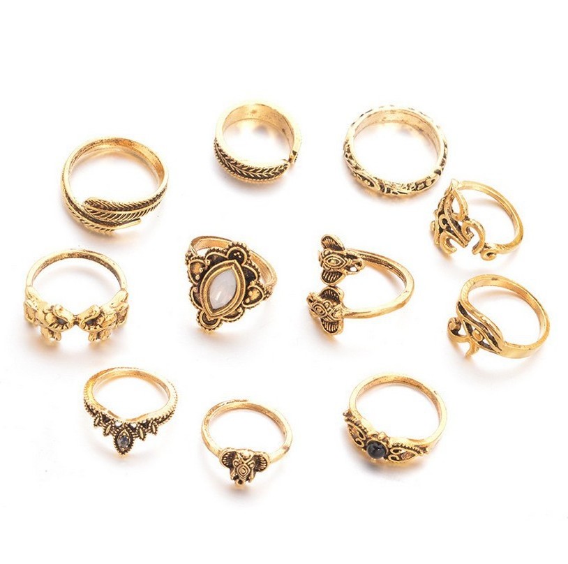 11 Pcs Boho/hippie Rings Set Geometric Rings Shiny Antiques Finger Ring For Women's Fashion Crystal Personality Jewelry