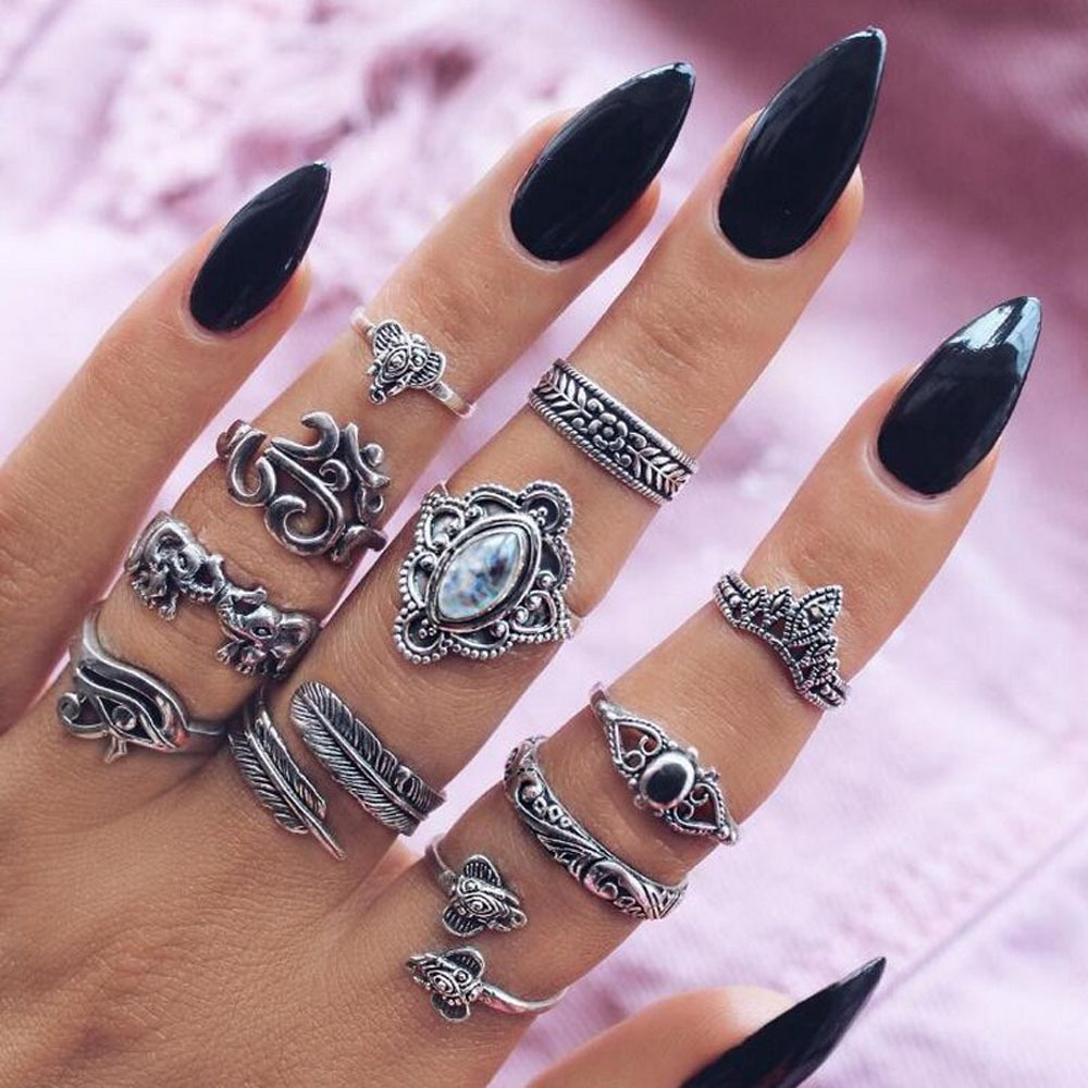 11 Pcs Boho/hippie Rings Set Geometric Rings Shiny Antiques Finger Ring For Women's Fashion Crystal Personality Jewelry