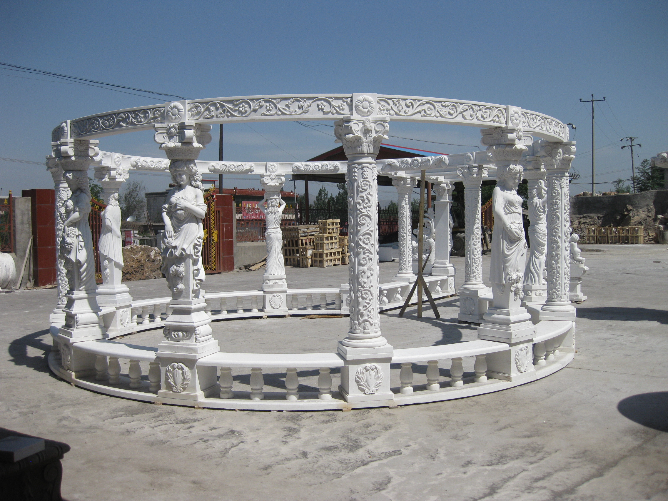 Outdoor Round Metal Roof White Marble Garden Pavilion Statue Stone Gazebo Carving