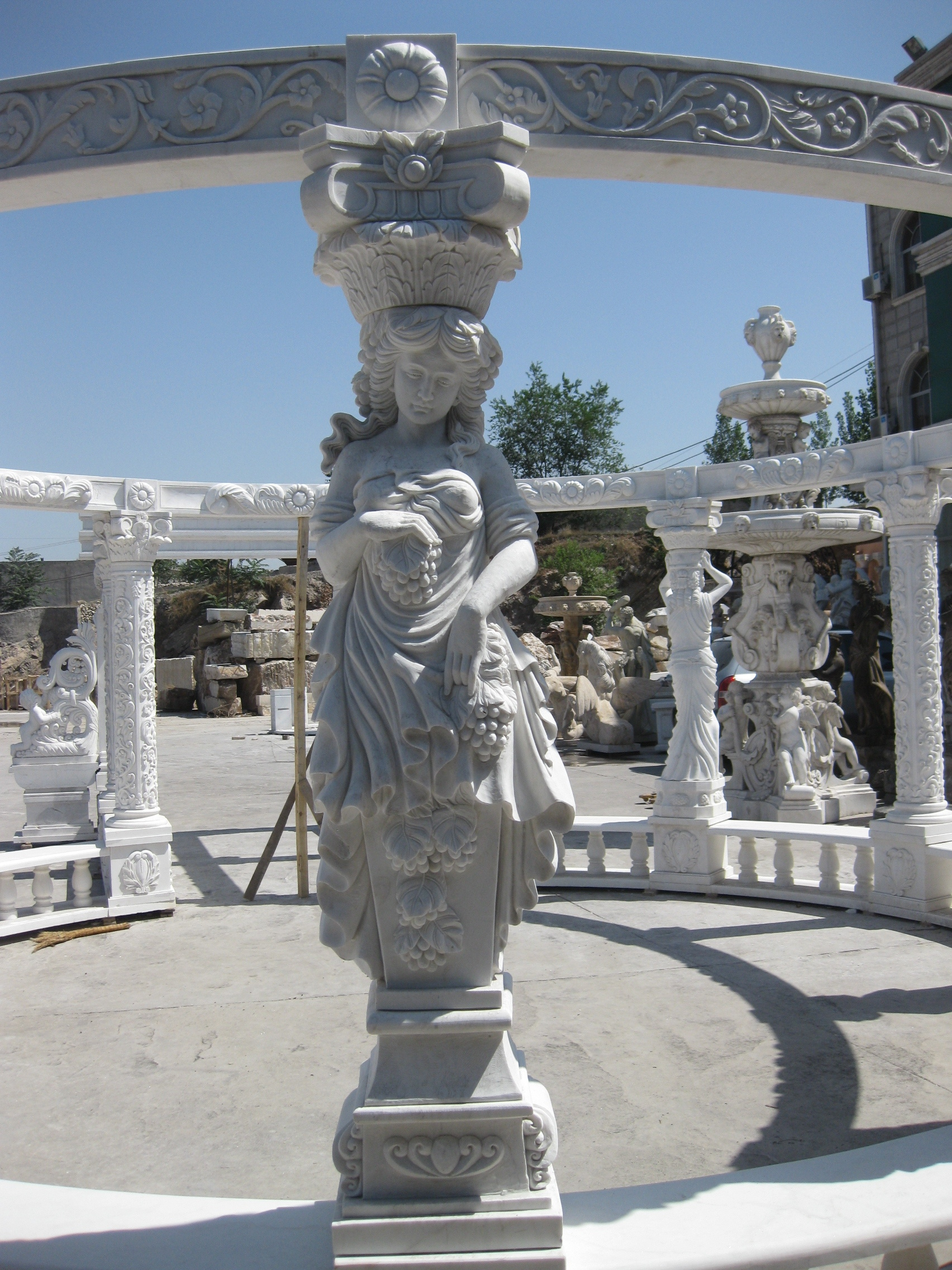 Outdoor Round Metal Roof White Marble Garden Pavilion Statue Stone Gazebo Carving