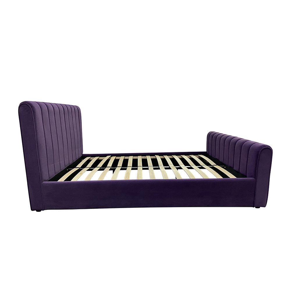 Hot Selling French Classical Elegant Style Purple Velvet King Size Bedroom Furniture Wood Bed Tufted Upholstered Back Bed Frame