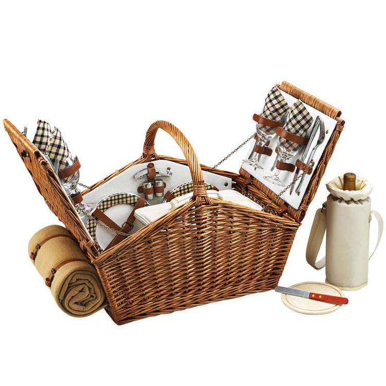 Manufacturers wholesale cheap picnic wicker basket rattan collapsible picnic basket set with lid handle