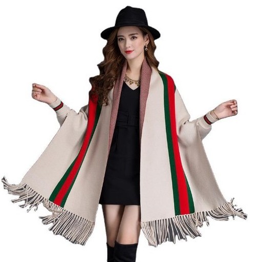 Brand women winter checked shawl scarf plaid blanket stripes poncho with sleeves