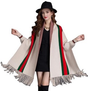 Brand women winter checked shawl scarf plaid blanket stripes poncho with sleeves