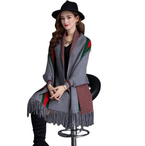 Brand women winter checked shawl scarf plaid blanket stripes poncho with sleeves