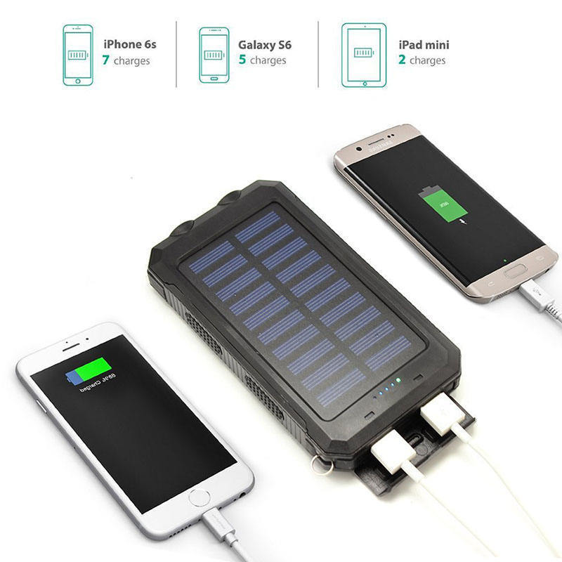 Solar Power Bank 30000 mAh Portable Dual USB 2 LED Lights External Battery Charger