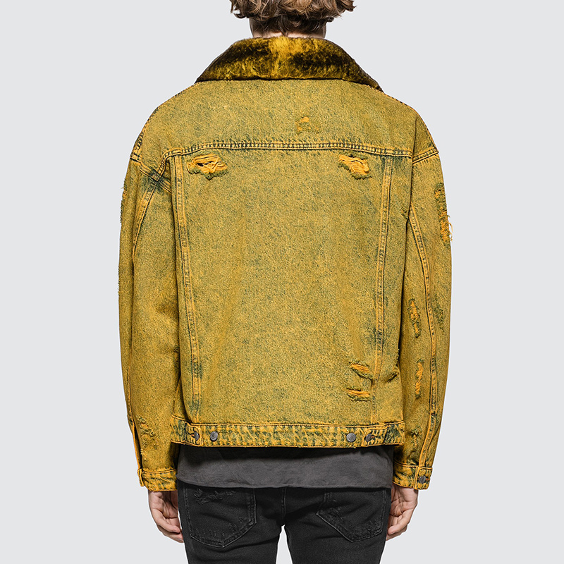 Yellow Men Winter Washed Heavy Fur Denim Jacket Casual Jacket