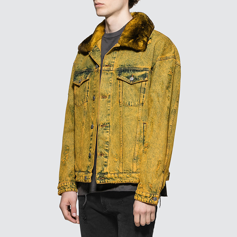 Yellow Men Winter Washed Heavy Fur Denim Jacket Casual Jacket