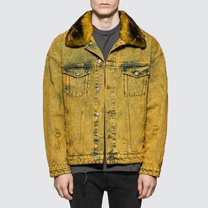 Yellow Men Winter Washed Heavy Fur Denim Jacket Casual Jacket