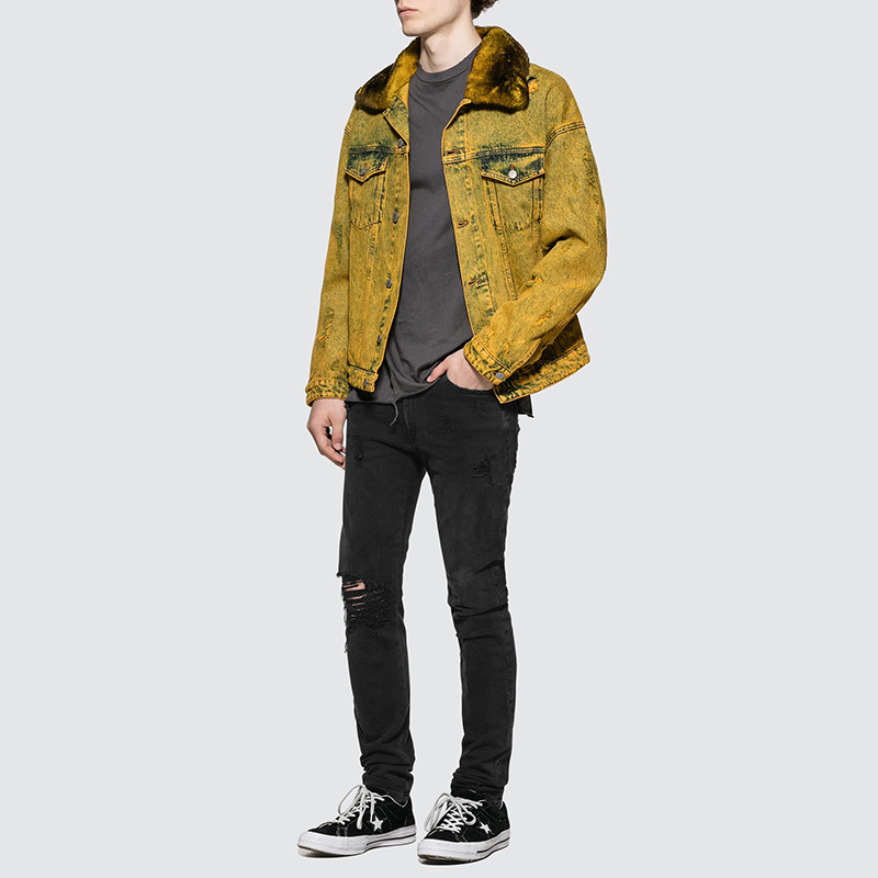 Yellow Men Winter Washed Heavy Fur Denim Jacket Casual Jacket